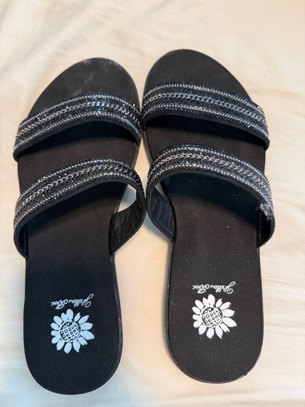 Yellow Box Black Double-Strap Beaded Slide Sandals